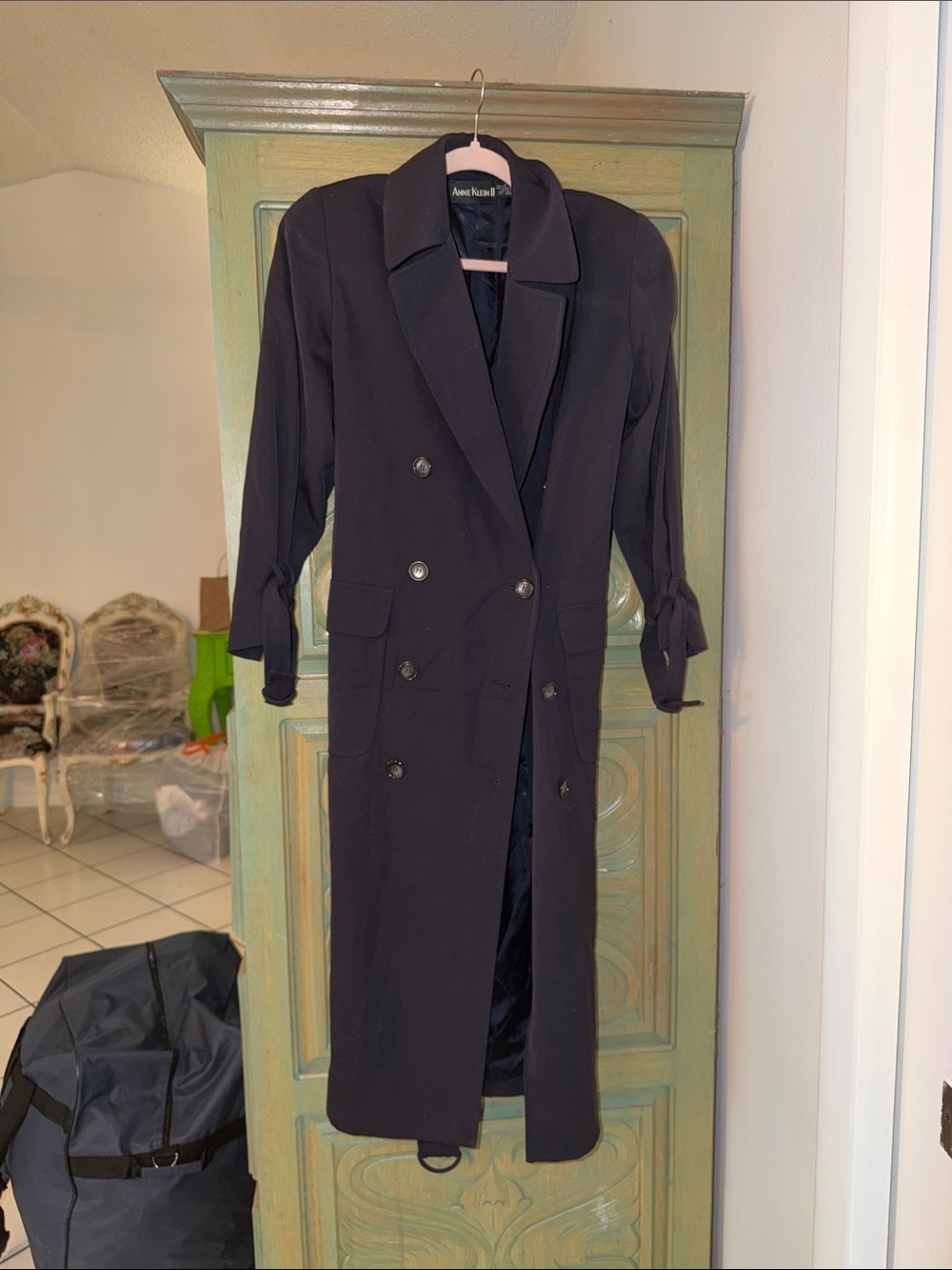 Anne Klein Black Double-Breasted Long Trench Coat